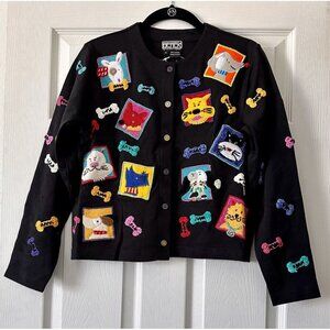 VTG Berek Takako 2 Women’s Black Multi Sweater Dogs Bones Sweater Cardigan Small